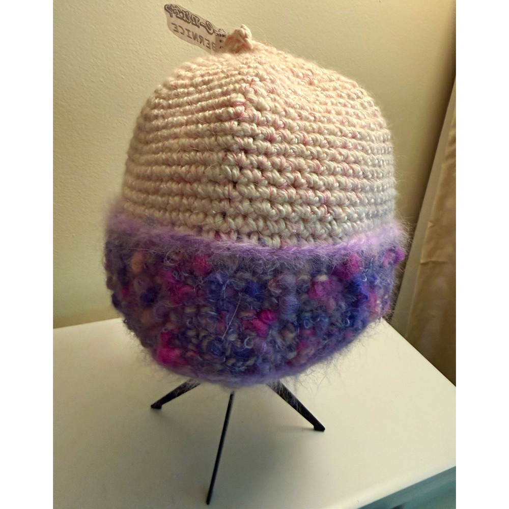 Vintage Y2K Handmade Wool Knit Beanie Hat w/ Fringe, White Purple Pink OS